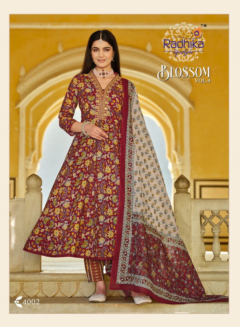 Blossom Vol 4 By Radhika Cotton Printed Long Kurti With Bottom Dupatta Wholesale Shop In Surat
